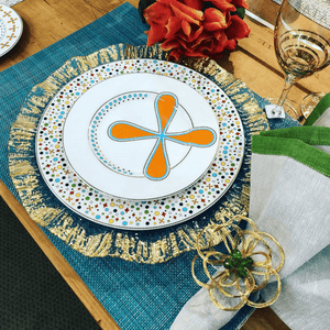 The Jubilee Collection Premium Porcelain Trimmed In Gold in a Vivid Pallet Of Six Colors 10″ Dinner Plate 8″ Salad Plate 6″ Bread & Butter Plate 5 oz. Bowl 12 oz. Cup