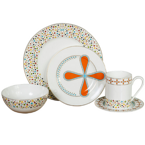 The Jubilee Collection Premium Porcelain Trimmed In Gold in a Vivid Pallet Of Six Colors 10″ Dinner Plate 8″ Salad Plate 6″ Bread & Butter Plate 5 oz. Bowl 12 oz. Cup
