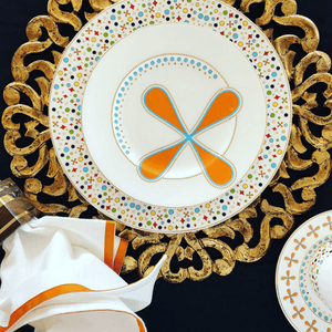 The Jubilee Collection Super White Porcelain Trimmed In Gold Vivid Pallet Of Six Colors 10″ Dinner Plate 8″ Salad Plate 6″ Bread & Butter Plate 5 oz. Bowl 12 oz. Cup