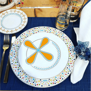 The Jubilee Collection Super White Porcelain Trimmed In Gold Vivid Pallet Of Six Colors 10″ Dinner Plate 8″ Salad Plate 6″ Bread & Butter Plate 5 oz. Bowl 12 oz. Cup